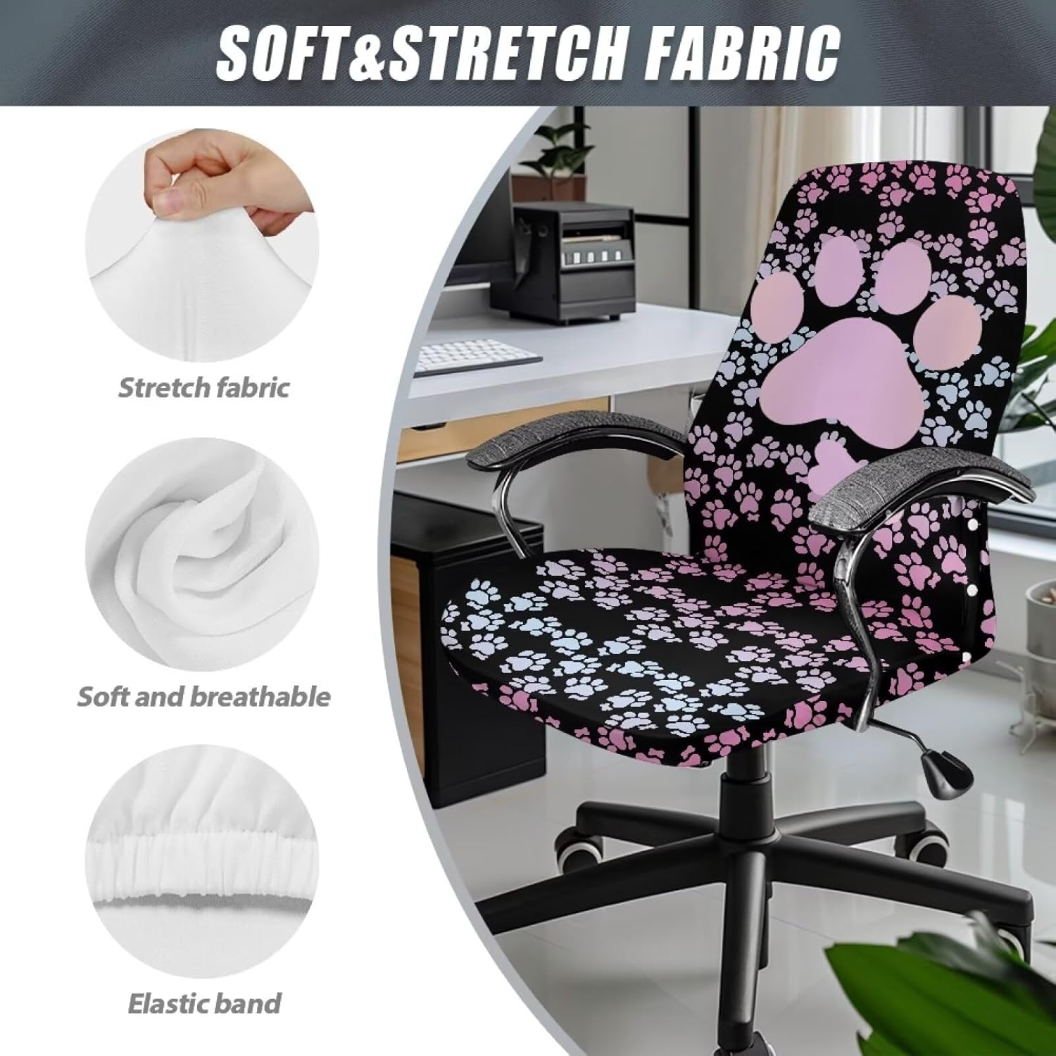 Office Chair Cover, Dog Paws Dustproof Dining Chair Cover Soft Desk Computer Chair Slipcover Breathable Rotating Chair Slipcover for Armchair Chair