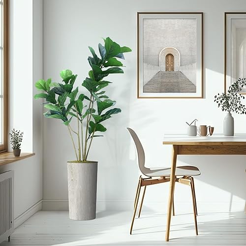Miniatura 6 de Árbol artificial en macetero moderno con patrón de remolino, ficus lyrata falso de seda para decoración del hogar en interiores y exteriores, altura