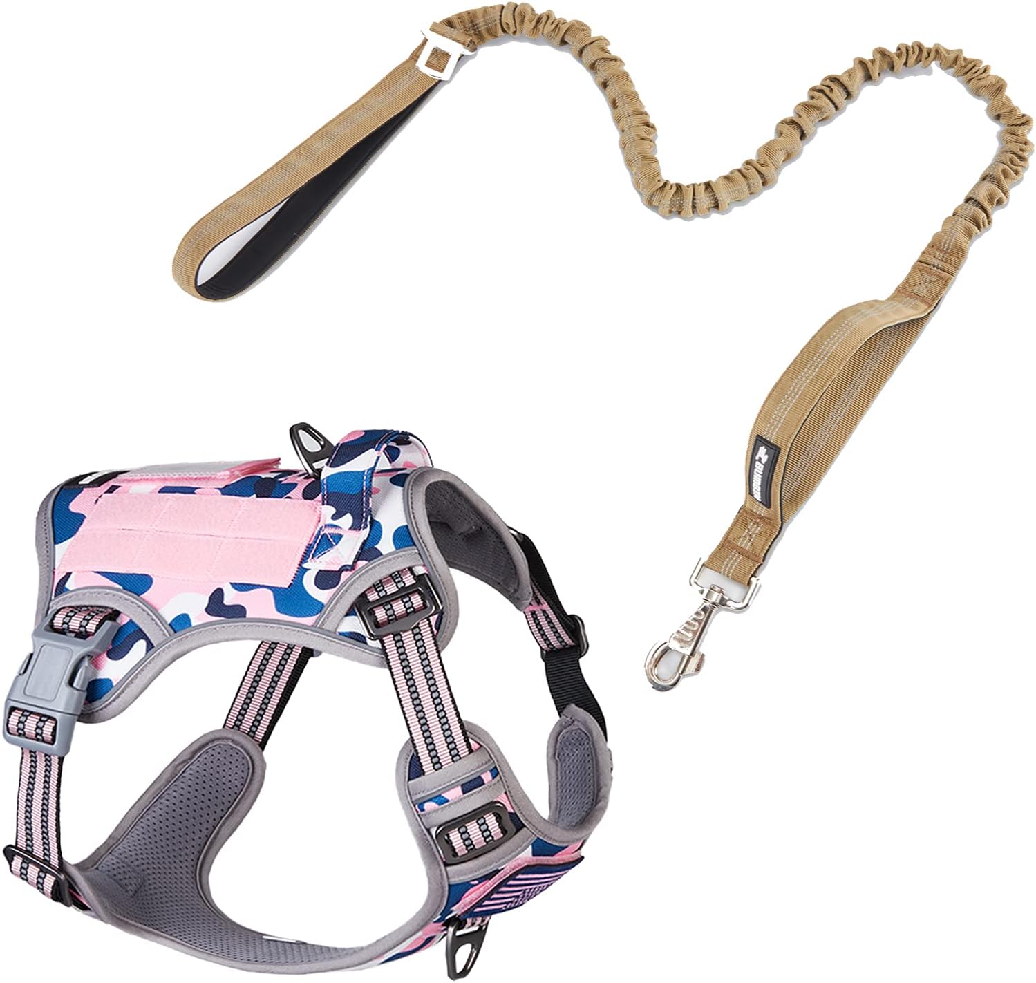 BUMBIN Dog Harness for Large Dogs No Pull, Tactical Dog Harness, with Handle, Adjustable Dog Vest Harness, 6Ft Bungee Dog Leash Large Dogs, No Pull Shock Absorbing Dog Leash with Car Seat Belt