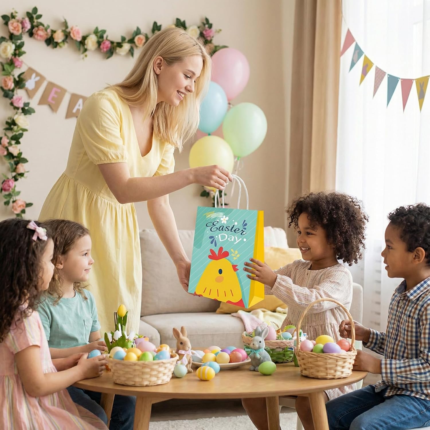 Howzcci 12 Pack Easter Gift Treat Bags - 6.3 x 3.3 x 8.2 inch Egg Bunny Chick Colorful Goodie Bag Decorations for Easter Basket Stuffers Party Favor Gifts - Image 7