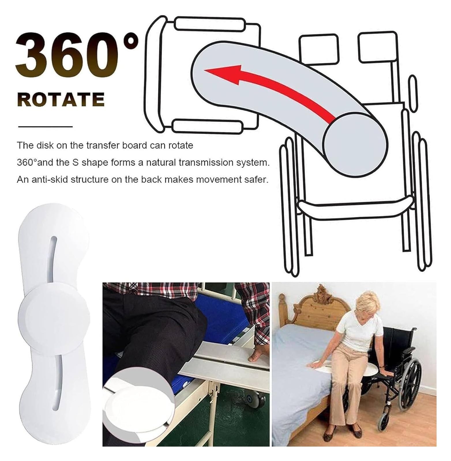 Tabla de transferencia for silla de ruedas con disco deslizante-102cm | Polímero robusto, transferencia guiada 360, de cama a silla, personas movilidad reducida, deslizamiento suave sin esfuerzo