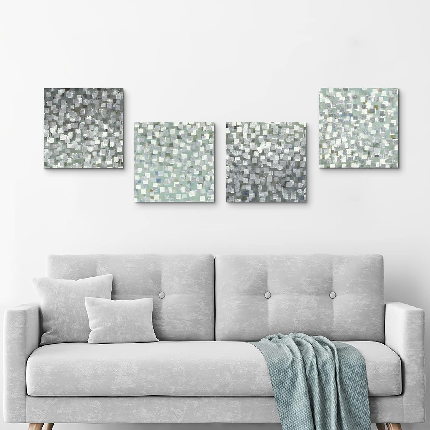 SD SOFT DANCE Bedroom Wall Art Canvas Decor: Modern Abstract Prints Textured Teal Aqua Artwork 4 Piece Contemporary Green Turquoise Prints Glitter Silver Foil Painting for Living Room Bedroom Office