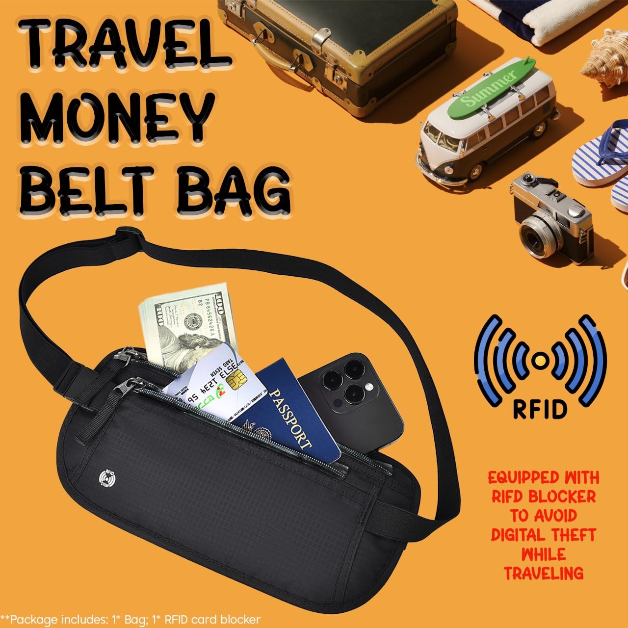 RFID Blocking Travel Money Belt with Sleeves, Hidden Waist Fanny Pack for Men and Women Anti-Theft Bum Bag for Passport Cash - Image 2