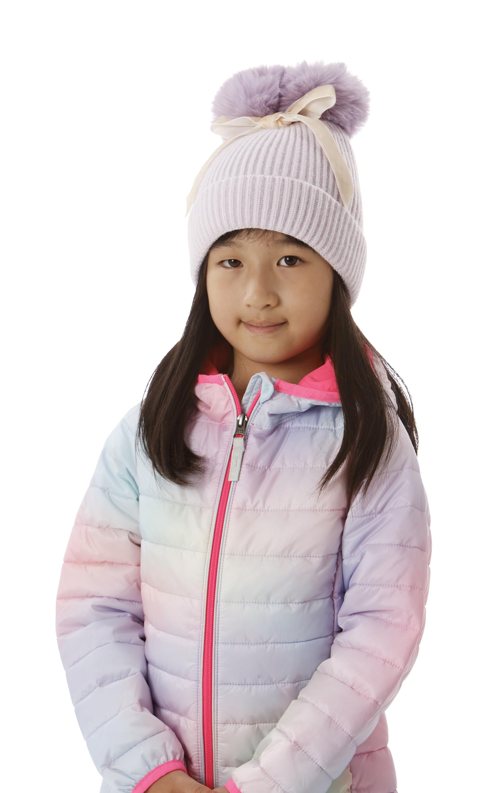 Screamer Kids Emma Beanie with Double Faux Fur Poms and Velvet Bow - Purple