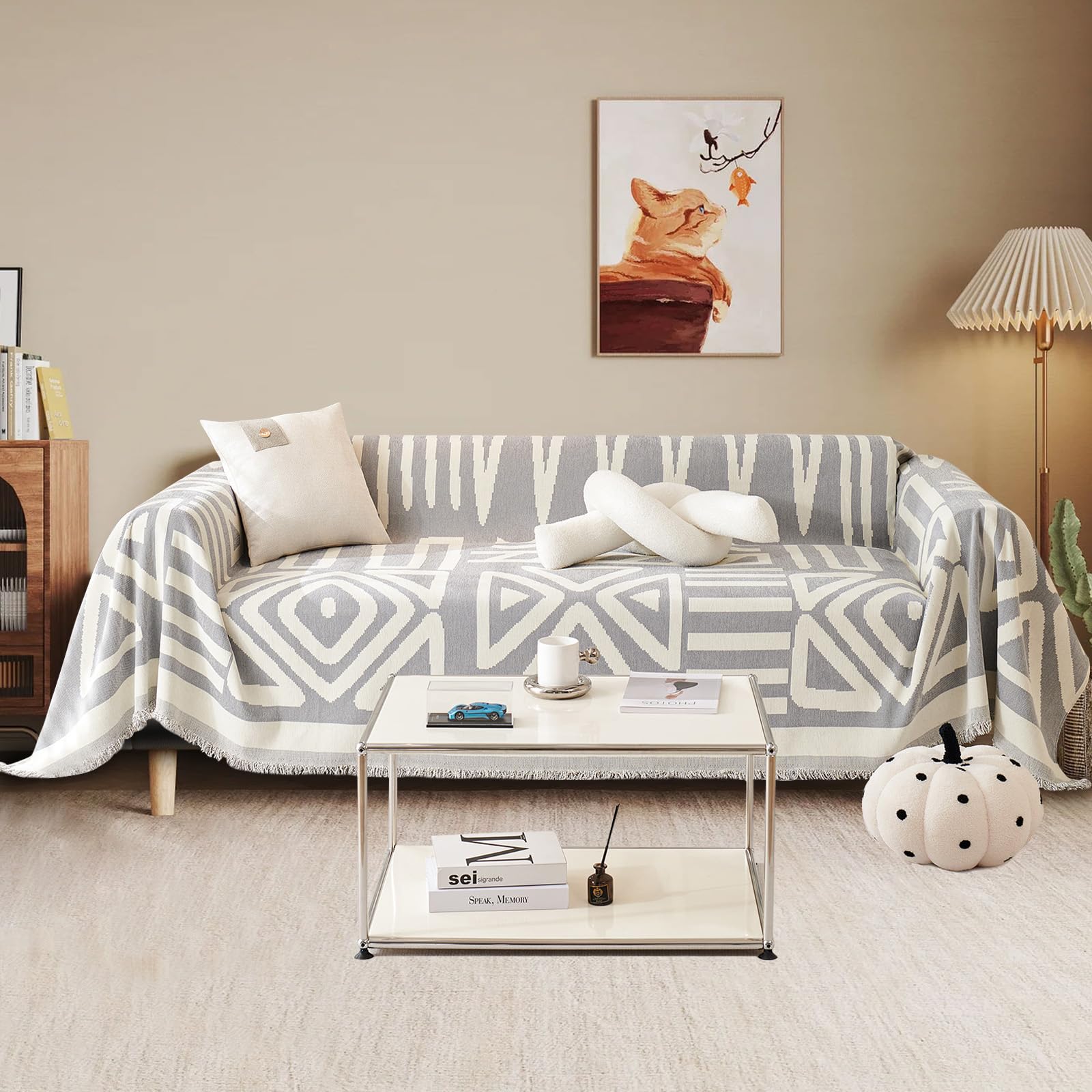 TOYROOM 71" x134" Boho Chenille Couch Cover with Grey Geometric Pattern Reversible 2-3 Cushion Sofa Cover Universal Sofa Slipcover for Pet Dog Scratching with Tassels Furniture Protector Washable