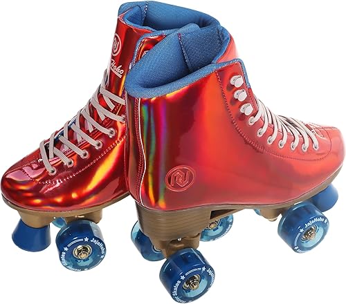 Miniatura 7 de JajaHoho Patines de ruedas para mujer, clásicos holográficos de caña alta, patines brillantes de doble fila azules con cuatro ruedas para niñas,