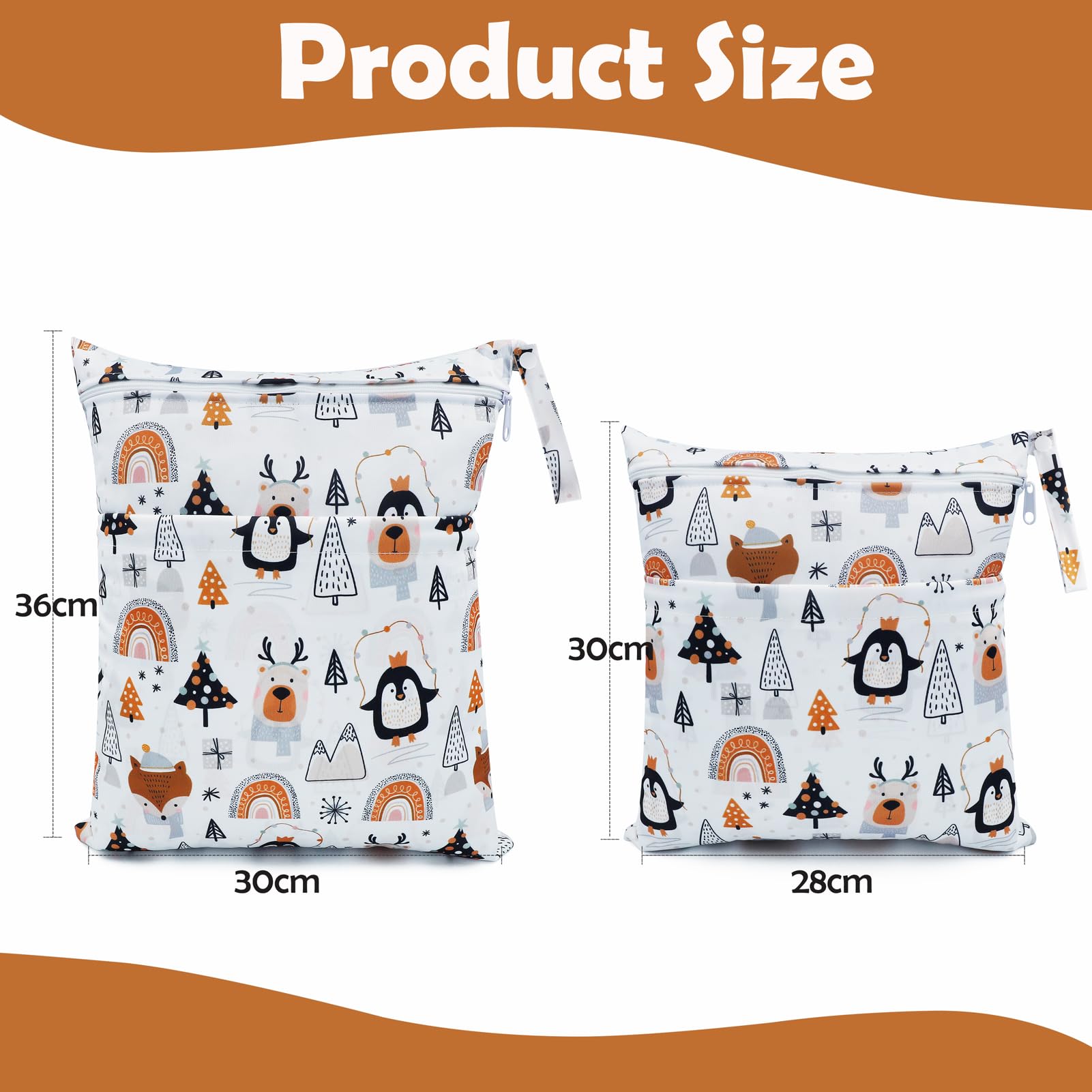 Sac à Couches Lavable, 2 Pcs Wetbag Réutilisable Etanche, Organisateur de Couches Double Fermeture Eclair Sac à Langer pour Bébé, Sac Fourre Tout de Voyage Plage (Pingouin Blanc)