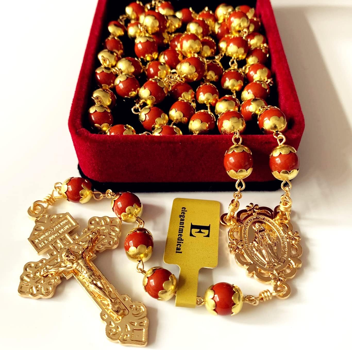 elegantmedical Red Agate Beads Catholic Rosary Necklace Cross Crucifix Religions Gift Box - Image 8