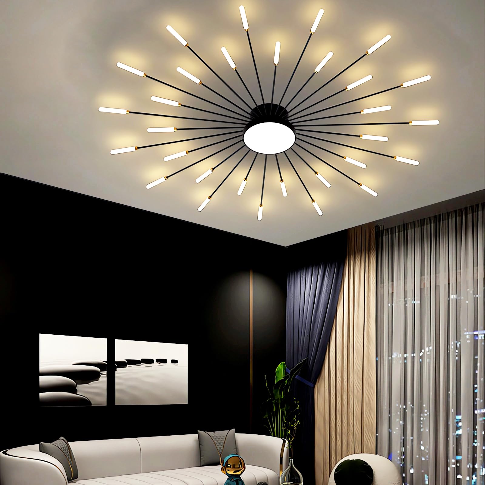 QYSMGS LED Ceiling Light Modern Dimmable Ceiling Lamp Flush Mount Gold/Black Design with Remote Control for Bedroom Living Room Dining Room Office Energy Efficient Lighting (30 Heads,Black)