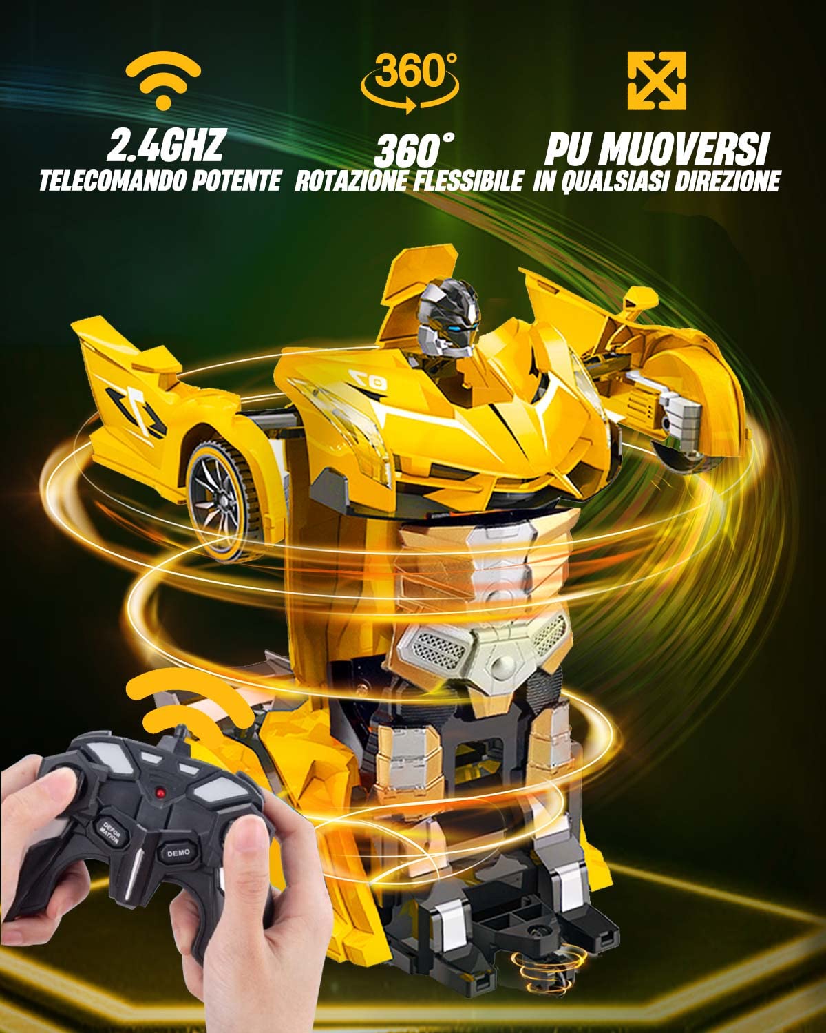 Maxesla Macchina Telecomandata Robot Transformers,Giocattoli per Bambini Auto Radiocomandata Trasformabile Macchinina 360° Rotazione Luci Compleanno Regali per Ragazzi Ragazze Giochi 3-12 Anni, Giallo