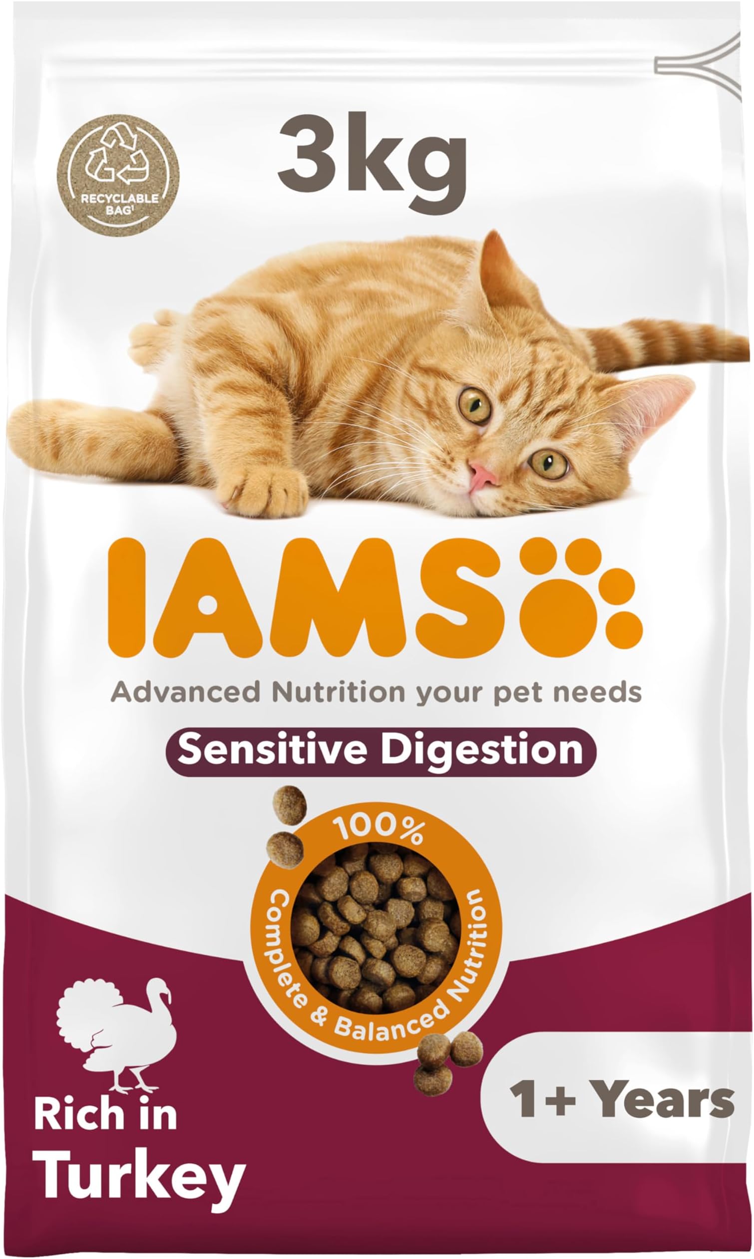 IAMS Sensitive Digestion Complete Dry Cat Food Turkey 3kg - With Prebiotics