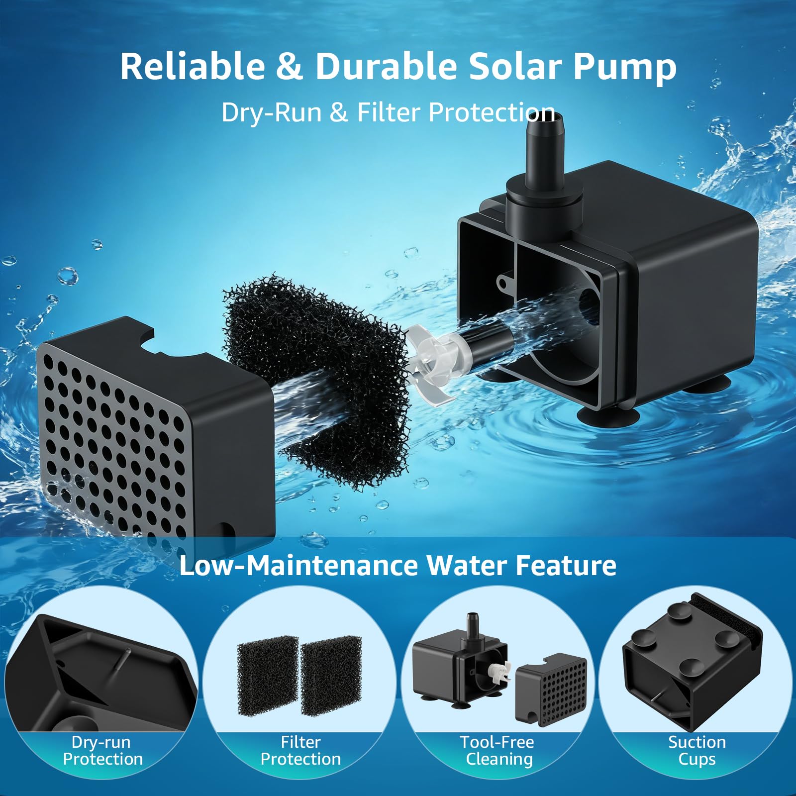 Solar Bird Bath Fountain Pump, 8.5W Outdoor Solar Water Fountain Pump for Bird Bath with 7+ Spray Modes & 1.5m Tubing, DIY Solar Powered Water Pump for Garden, Ponds, Pool and Fish Tank - 3