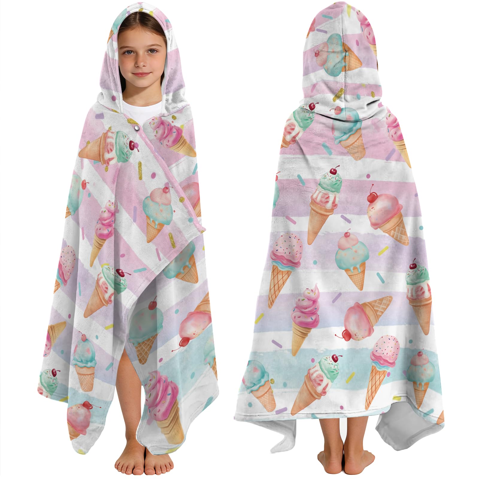 Yasrlvun Ice Cream Hooded Towels for Kids 130x100cm Poncho Towels for Kids Boys Girls Teens Beach Towel for Swimming Pool Ice Cream Wearable Bath Towel