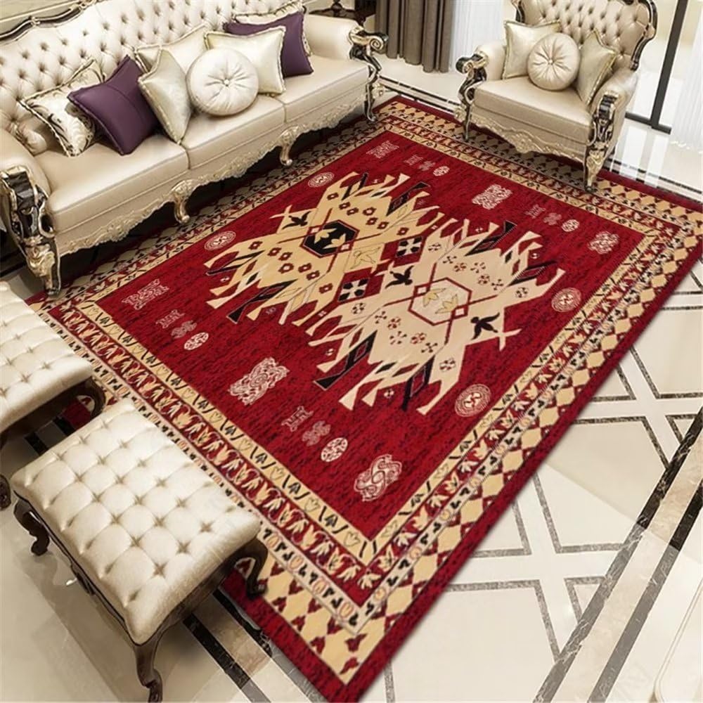 Tapis motif floral géométrique rouge foncé lavable et stable