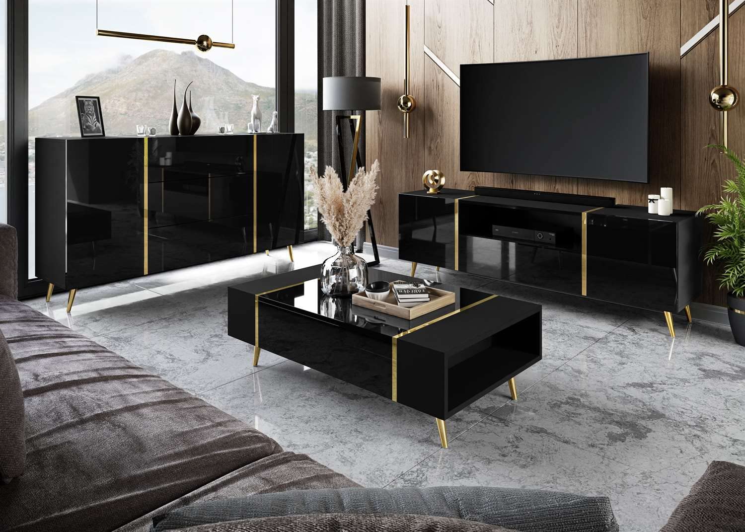 lukmebel Onyx Wohnzimmerset Auf Goldenen Beinen DREI Elemente Elegantes Und Modernes Design Leicht Zu Reinigen Abrieb- Und Kratzfest Laminierte Platte Schwarz