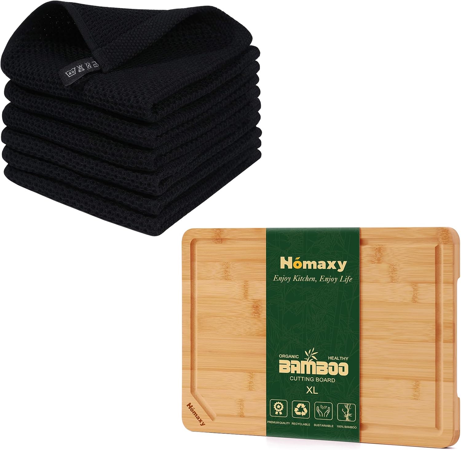 Homaxy 100% Cotton Waffle Weave Kitchen Dish Cloths,12x12 Inches, 6-Pack. and Extra Large Bamboo Cutting Board for Kitchen, 18x12 Wood XL Cutting Board with Juice Groove and Handles