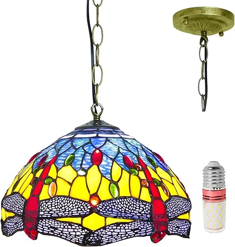 Tiffany - Lámpara colgante hecha a mano con vitral, libélula azul, vintage, accesorios de iluminación colgantes para comedor, sala de estar, isla de