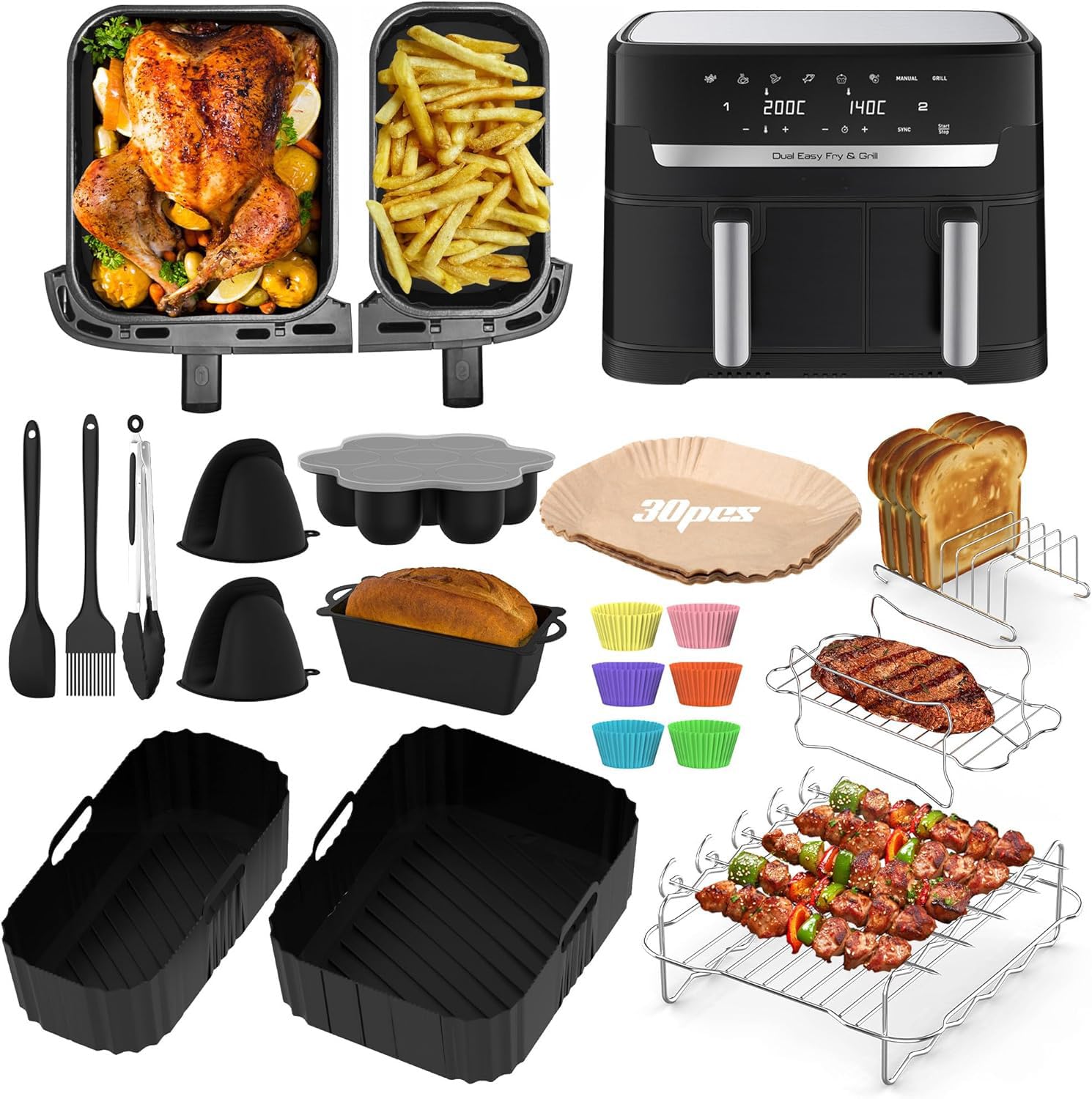 Silicone Air Fryer Liners for Tefal Easy Fry 5.2L/3.1L, 19 Air Fryer Accessories Set for Lakeland 5L/3L, Tower T17099, Including Silicone Air Fryer Liners, Grill Racks, Tongs, Bread Pan and Tools