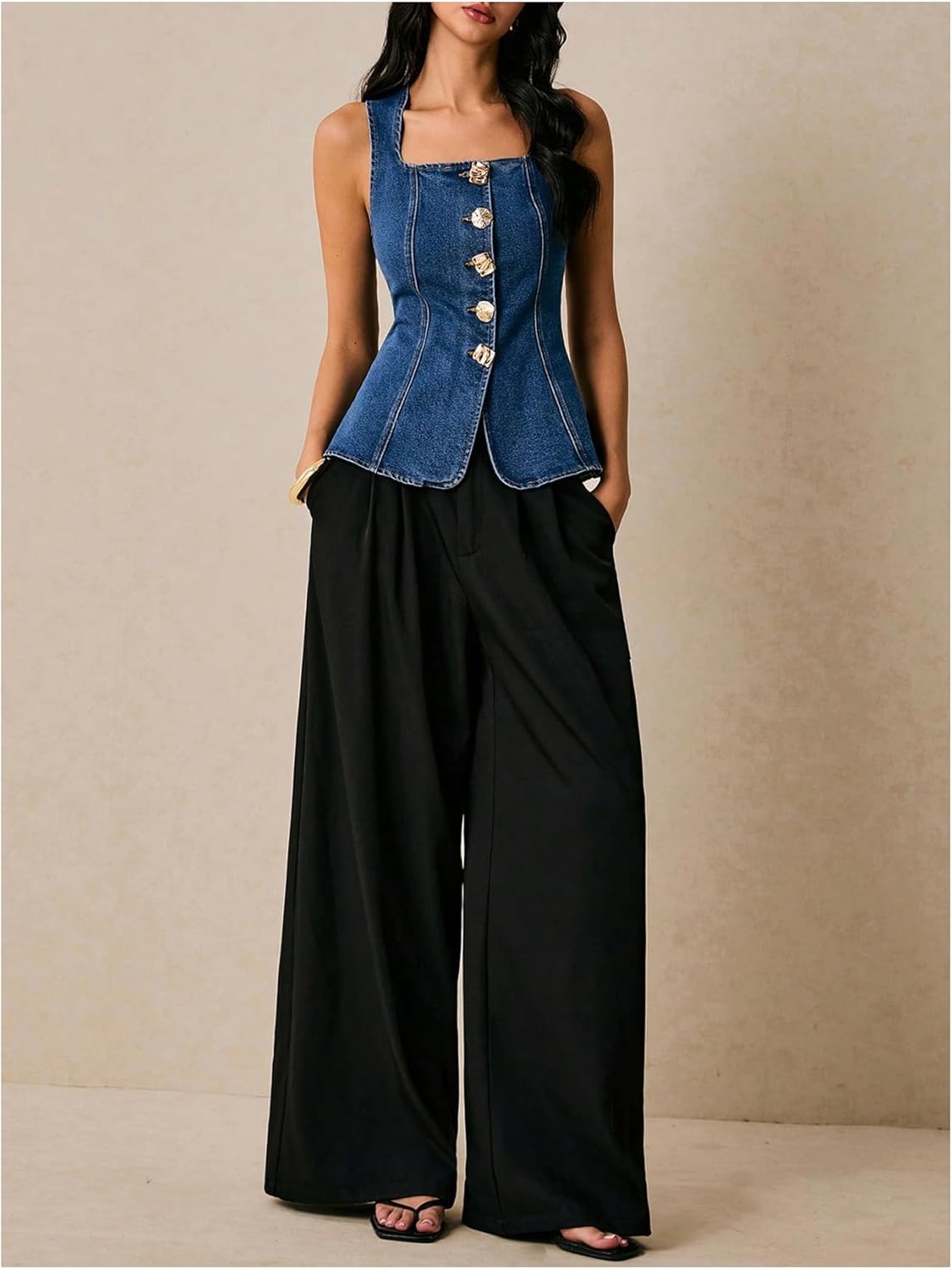 Floerns Women's Metal Button Up Denim Top Sleeveless Square Neck Going Out Tank Tops - Image 5