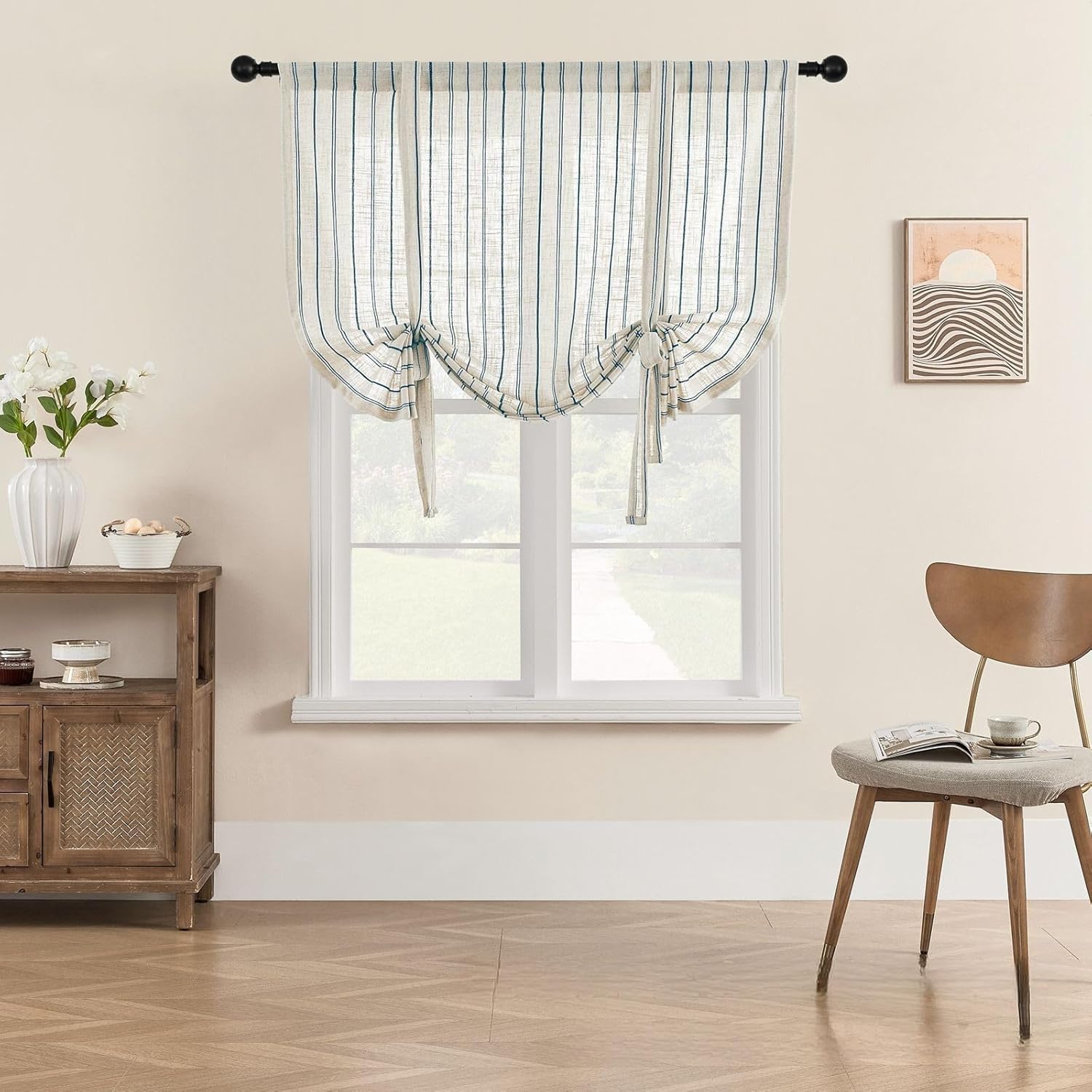 Gxi Blue Striped Sheer Curtain Tie Up Balloon Curtain for Kitchen Bathroom Rod Pocket Farmhouse Linen Voile Valance for Living Room Small Window 1 Panel Width 39 x 47 inches Length