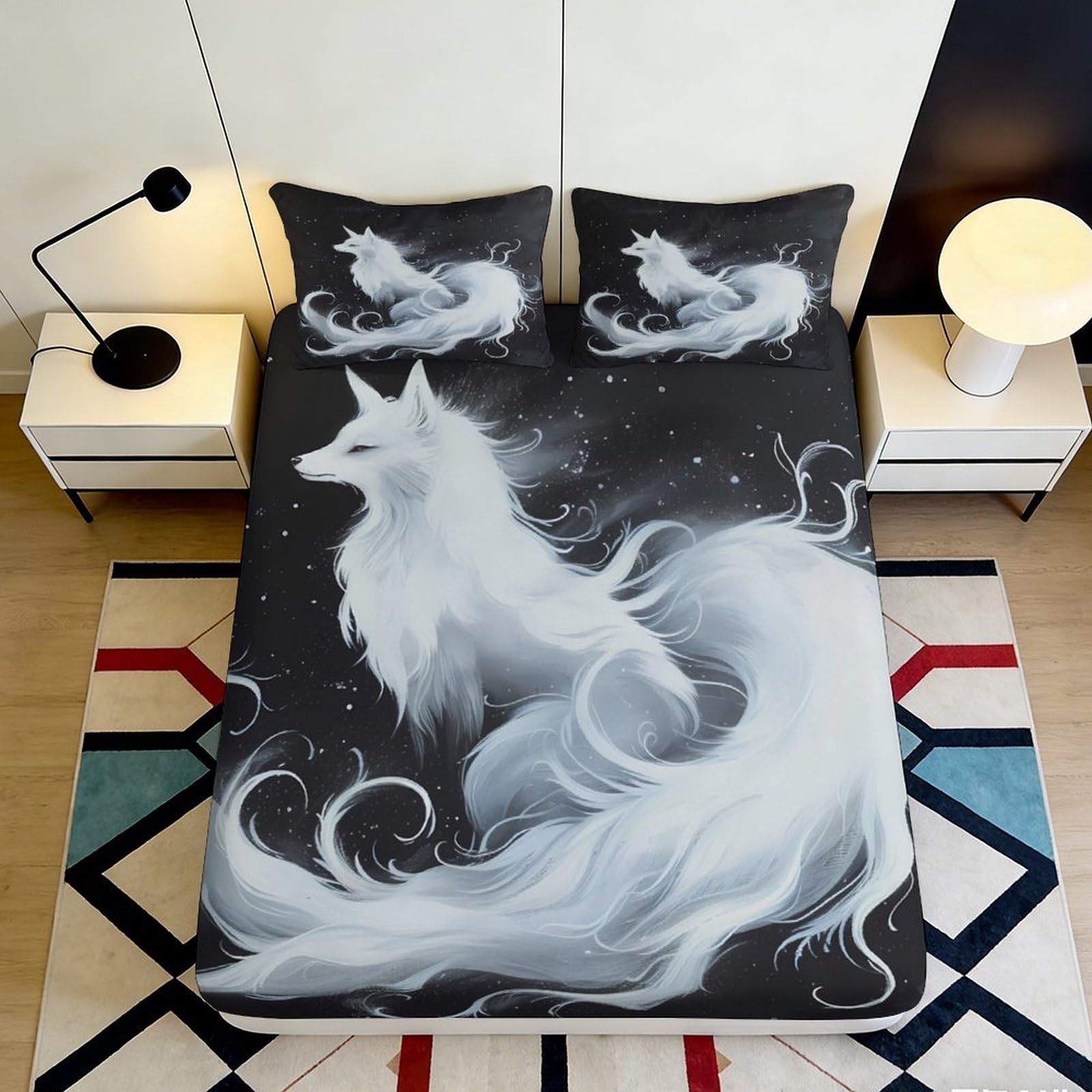 3D Printed White Fox Fantasy Fitted Sheet Microfiber Soft Anti-Slip Black Artistic Mattress Cover Bed Decor for Bedroom Guest Room 90x200x25cm