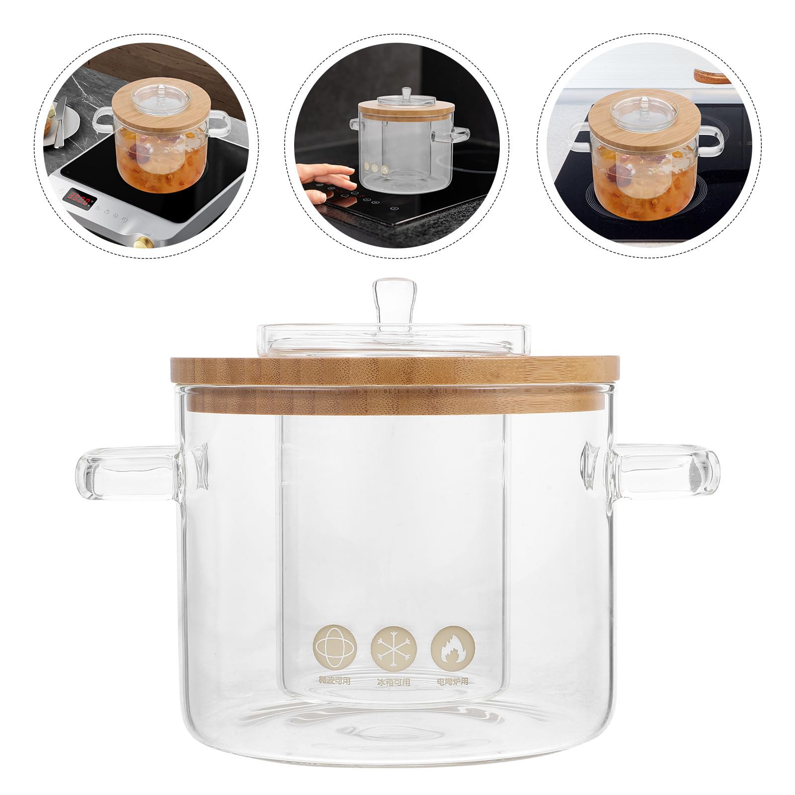 Marmite à Ragoût en Verre avec Couvercle, Double Poignée, pour Cuisson | Verre, Usage avec Légumes et Cubilose, Conserve la Chaleur, Ustensile Cuisine Transparent