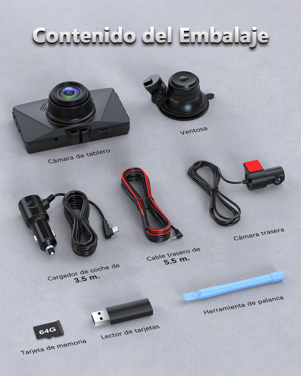 cámara de salpicadero Delantera y Trasera para Coche, Tarjeta de 64 GB incluida, cámara para Coche FHD 1080P, Gran Angular de 170°, HDR, grabadora de conducción, grabación en Bucle, visión
