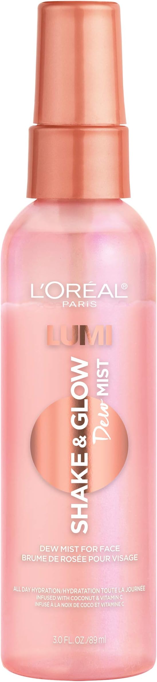 L'Oreal Paris Makeup LUMI Shake and Glow Dew Mist, Hydrating and Soothing Face Mist, Prep and Set Makeup, Energizes Skin with a Healthy Boost of Hydration, Natural Finish, 3 fl; oz.
