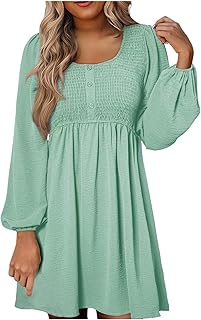 Vestido Azul Mujer Festivo Mujer 2024 Vestido Casual smocked Cuello Redondo Botones Manga Larga Cintura Imperio Línea A Mini Vestido O Vestido de Mujer 40