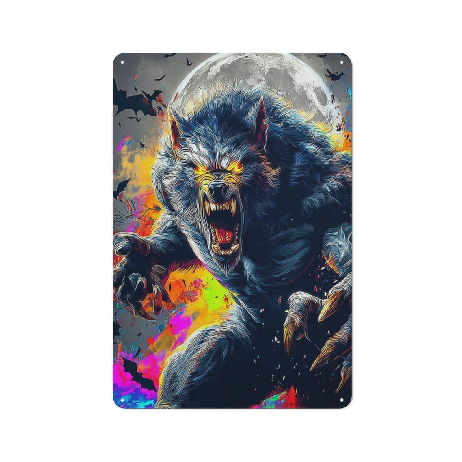 Junmoney Full Moon Werewolf Roar Metal Wall Sign 30X20cm Featuring For Home Bar Wall, New Home Wall Decor For Hosts Who Enjoy Retro Interiors