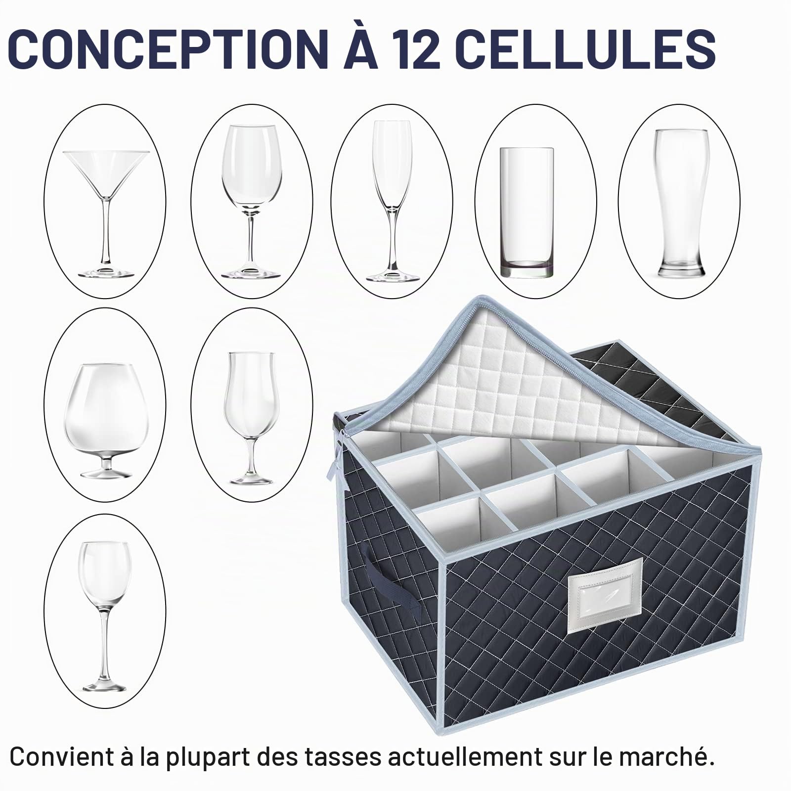 Lot de 2 boîtes de rangement pour verres à vin, porte-verres à pied, mallette en tissu portable avec 12 séparateurs pour verrerie en cristal, cuisine, camping, fête, voyage, caravane (gris)