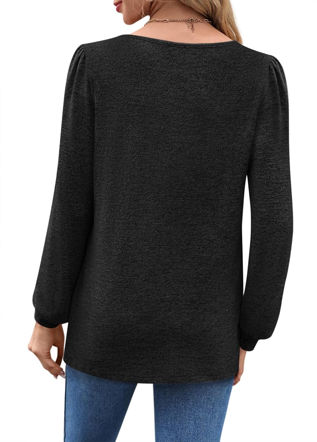 Zwurew Women's Puff Long Sleeve Shirts 2024 Trendy Scoop Neck Loose Fit Blouses Pleated Flowy Tunic Tops S-2XL - Image 3