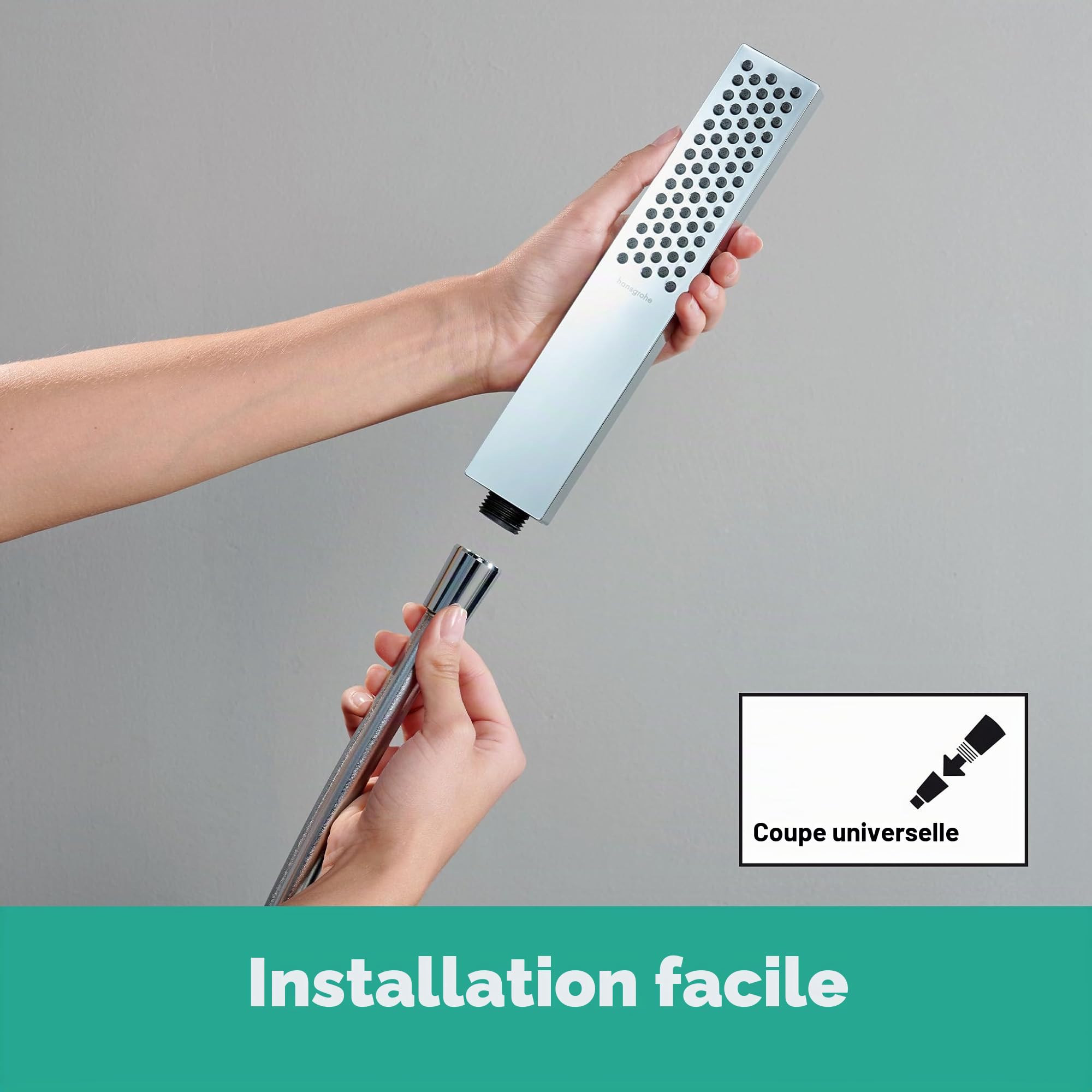 hansgrohe Pulsify E - Pommeau de douche économie d'eau avec 5 l/min (EcoSmart+), Douchette à main avec 1 type de jet (PowderRain), Douchette carré (100 x 25 mm), Chromé