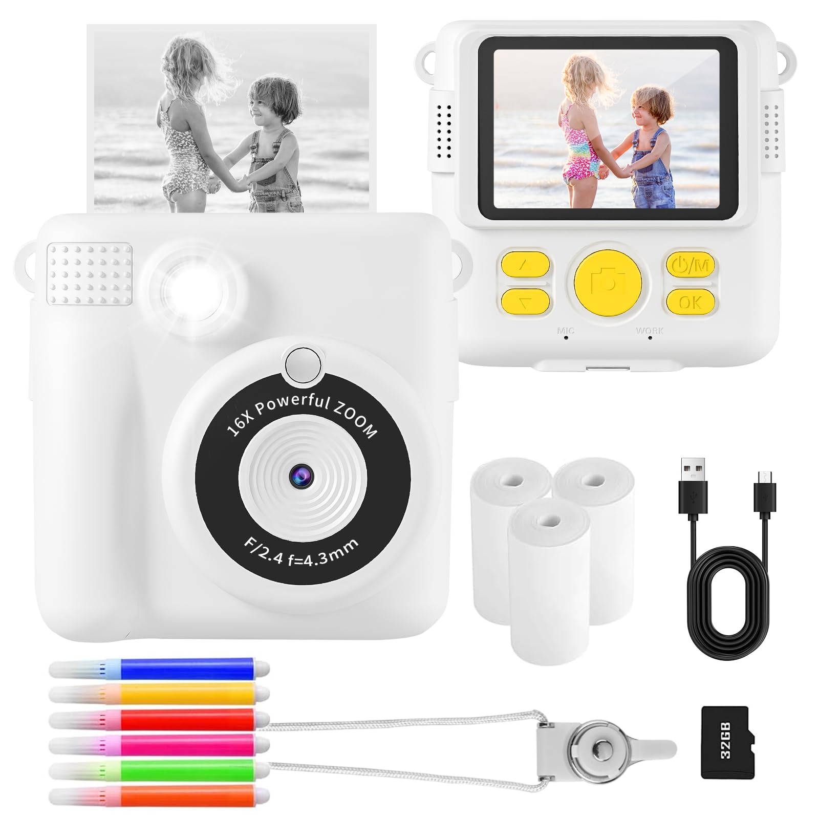 AORILEKids Instant Print Camera, 1080P HD Digital Camera with 32G SD Card, 3 Rolls Photo Paper & 6 Color Pens, for 3-14 Year Old Girls (White)