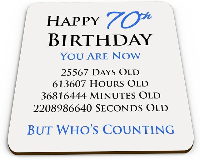 Happy 70th Birthday You are Now Days Hours Minutes Seconds Old Novelty Glossy Mug Coaster - Blue