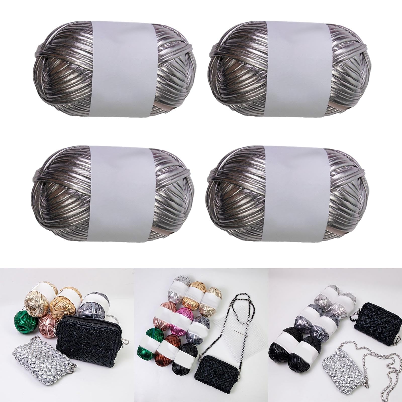 rockible 4X Metallic-T-Shirt-Garn, Polyestergarn, DIY-Strickstoff, glänzendes Stoffgarn, Strickgarn-Set für DIY-Taschen, Bastelprojekte, Silber Grau