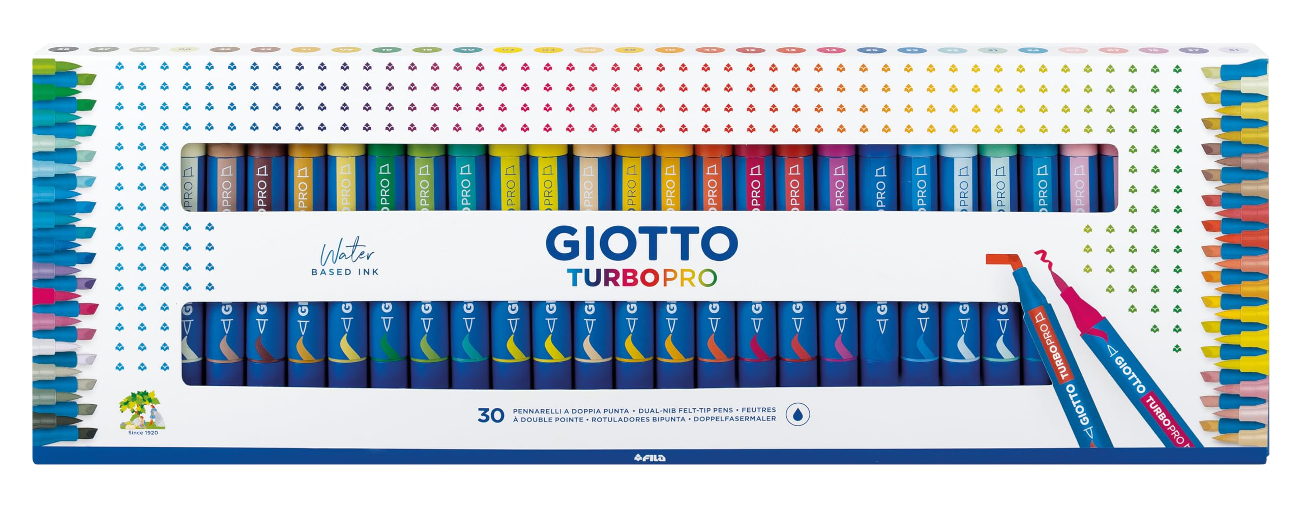 Giotto Turbo Pro Dual Tip Marker Pens, Round Shape, Assorted Colors, 30 Count