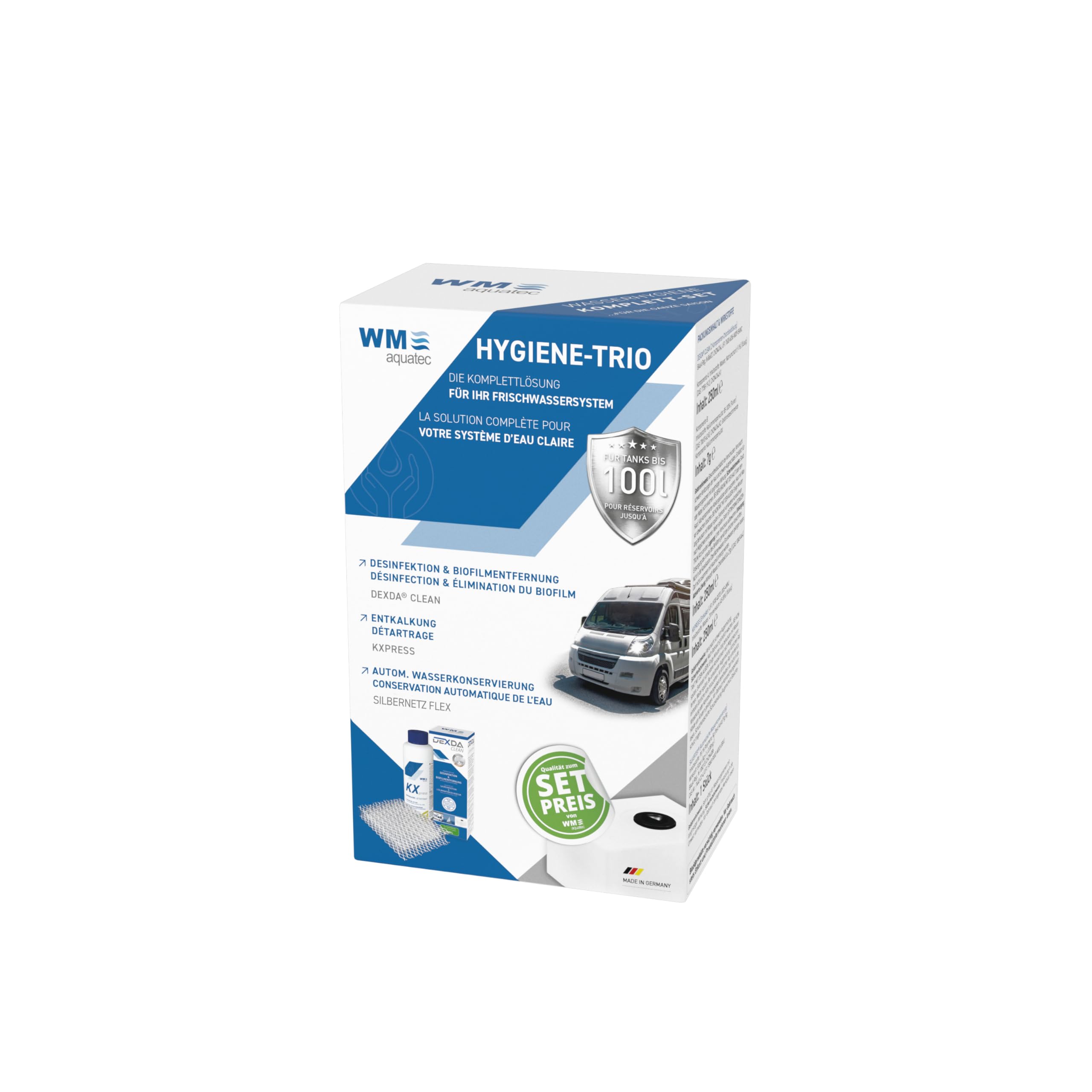 WM aquatec Solution complète d'hygiène de l'eau pour camping-cars, caravanes, bateaux et véhicules tout-terrain (réservoirs jusqu'à 100 litres)