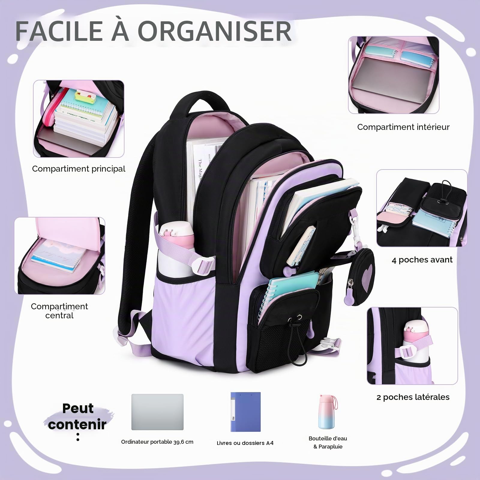 Amythe Cartable Fille Primaire CE1 à CM2 avec Pochette de Monnaie, Noir