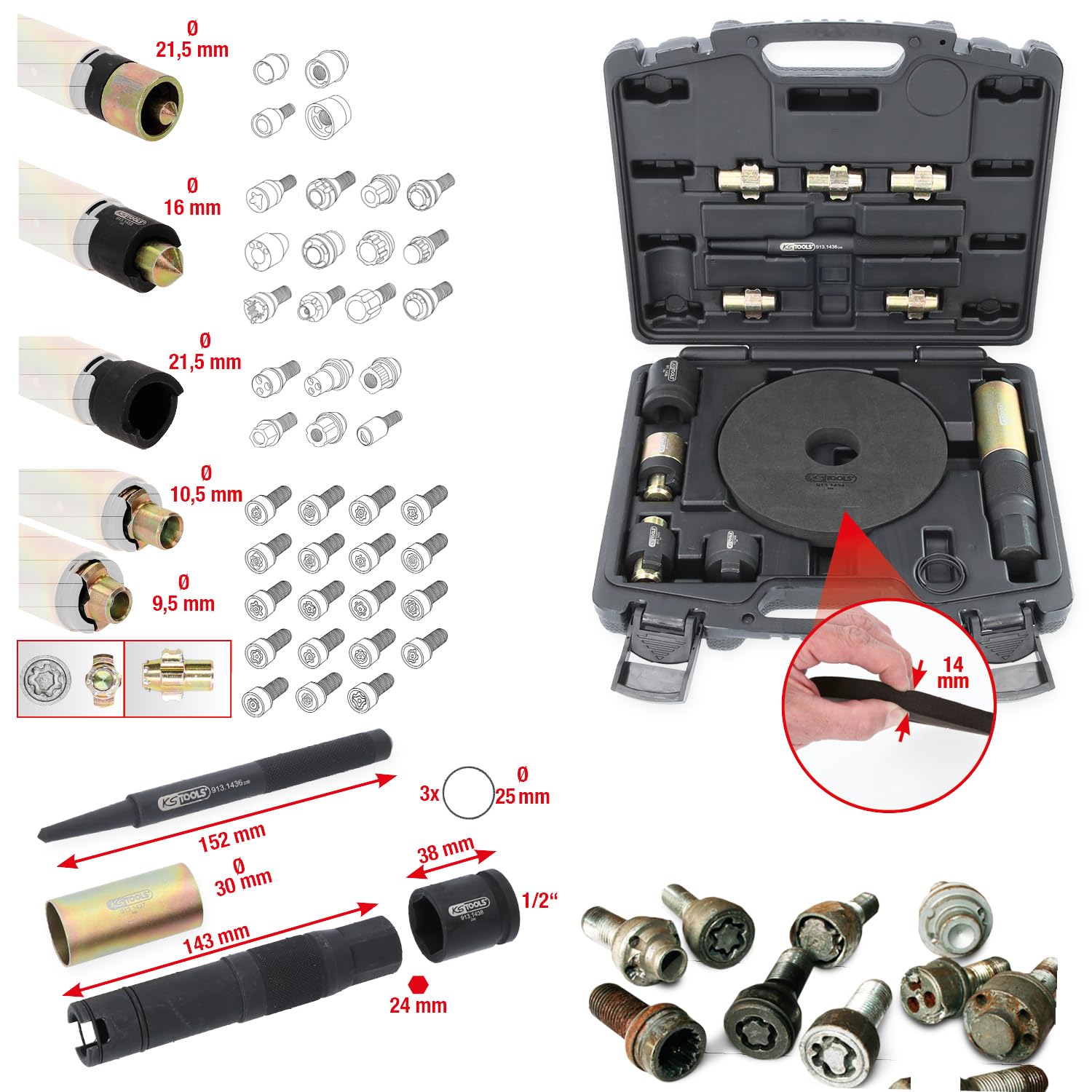 KS Tools 913.1430 Felgenschloss-Demontage-Satz, 15-tlg