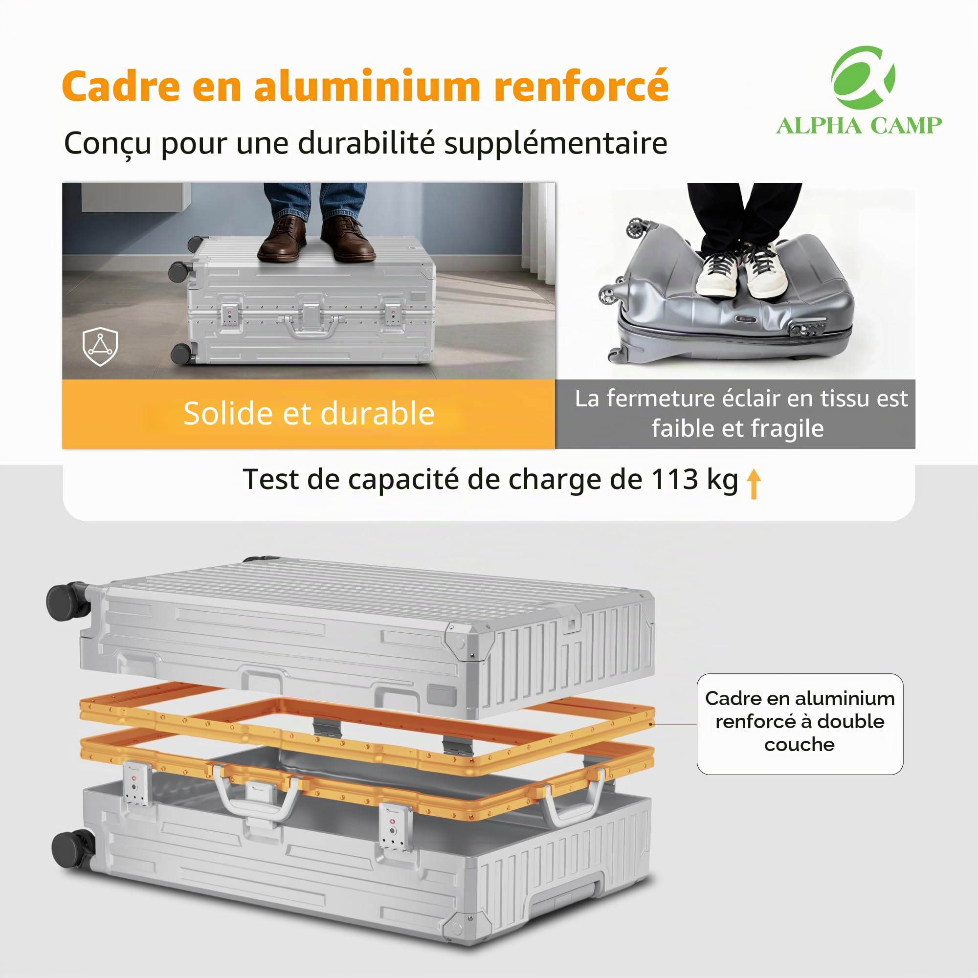ALPHA CAMP Valise Grand Taille 44x26.5x66CM Valise avec Serrure TSA Valise Rigide à roulettes Polycarbonate et Cadre en Aluminium Valise Argenté Femme Bagage de Voyage Luggage 65L