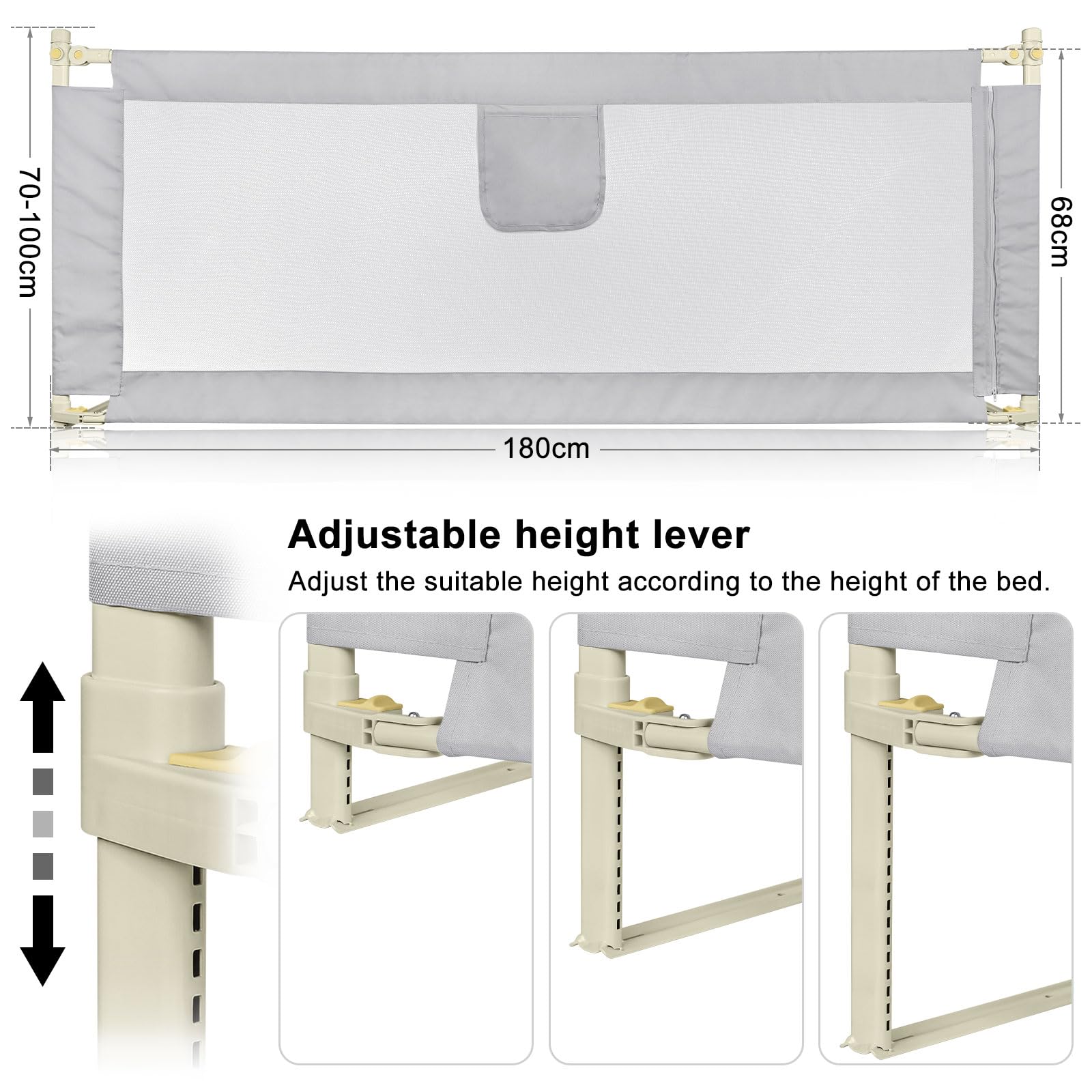 OHMG Barriere De Lit Enfant,Barrière de lit pour Les Tout-Petits,Barrière de Lit Portable Bébé,Barrière de Sécurité de Lit Enfant,Réglable en Hauteur,Barrière de lit avec Filet aéré (1.8M-Gris Clair)