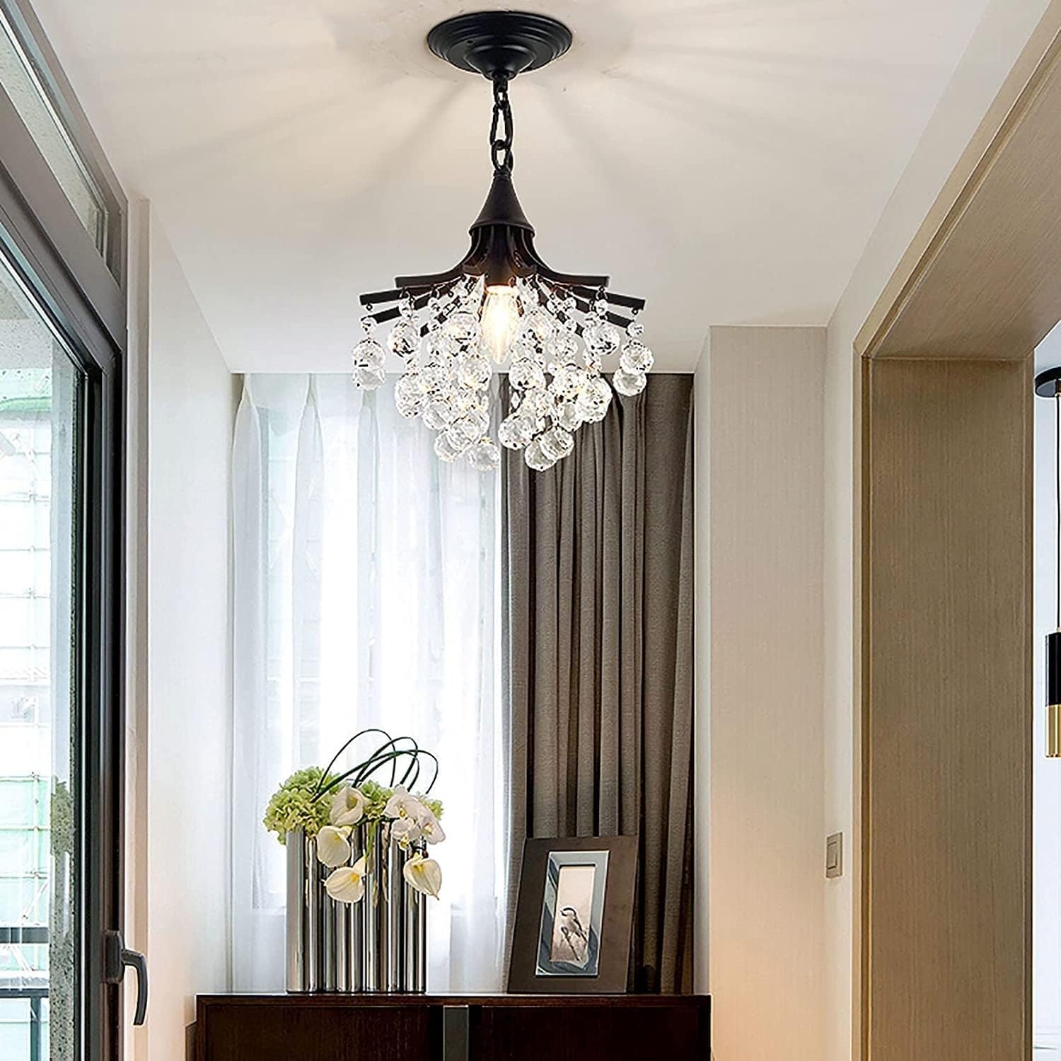 BLOOHK American Style K9 Crystal Ceiling Light, Semi Flush Mount Chandelier, Clear Crystal Lighting Fixture for Bedroom, Staircase, Hallway & Hotel Decor