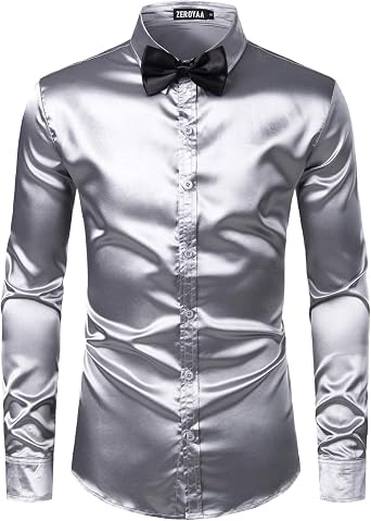 ZEROYAA Mens Luxury Shiny Silk Like Satin Button Up Dress Shirts
