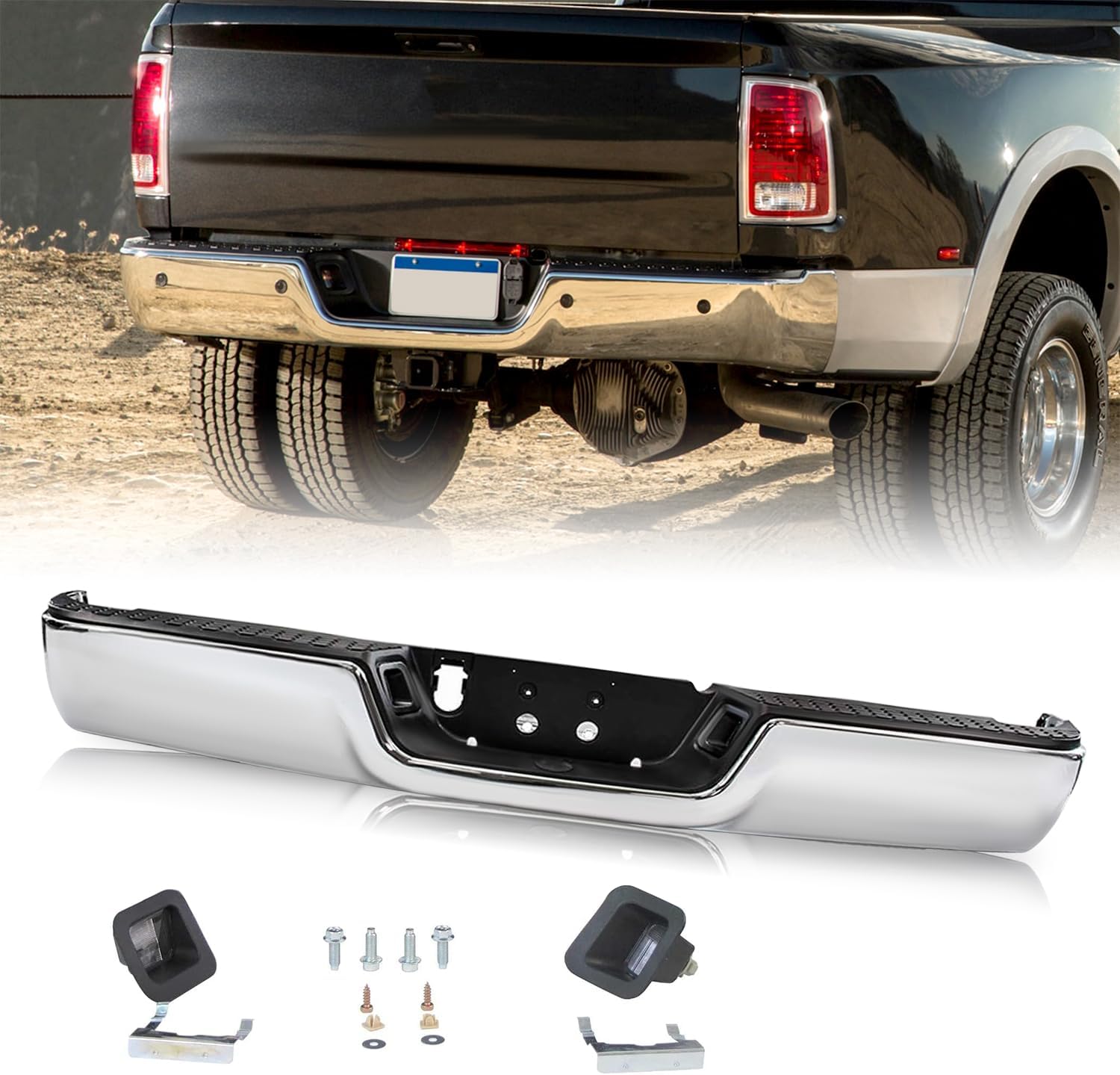 SOCKIR [w/o Parking Assist Sensor Hole w/o Dual Exhaust] Rear Bumper Assembly Fits for 2009-2018 Dodge Ram 1500/10-12 Ram 2500 3500 Chrome Anti-rust One-piece Molding