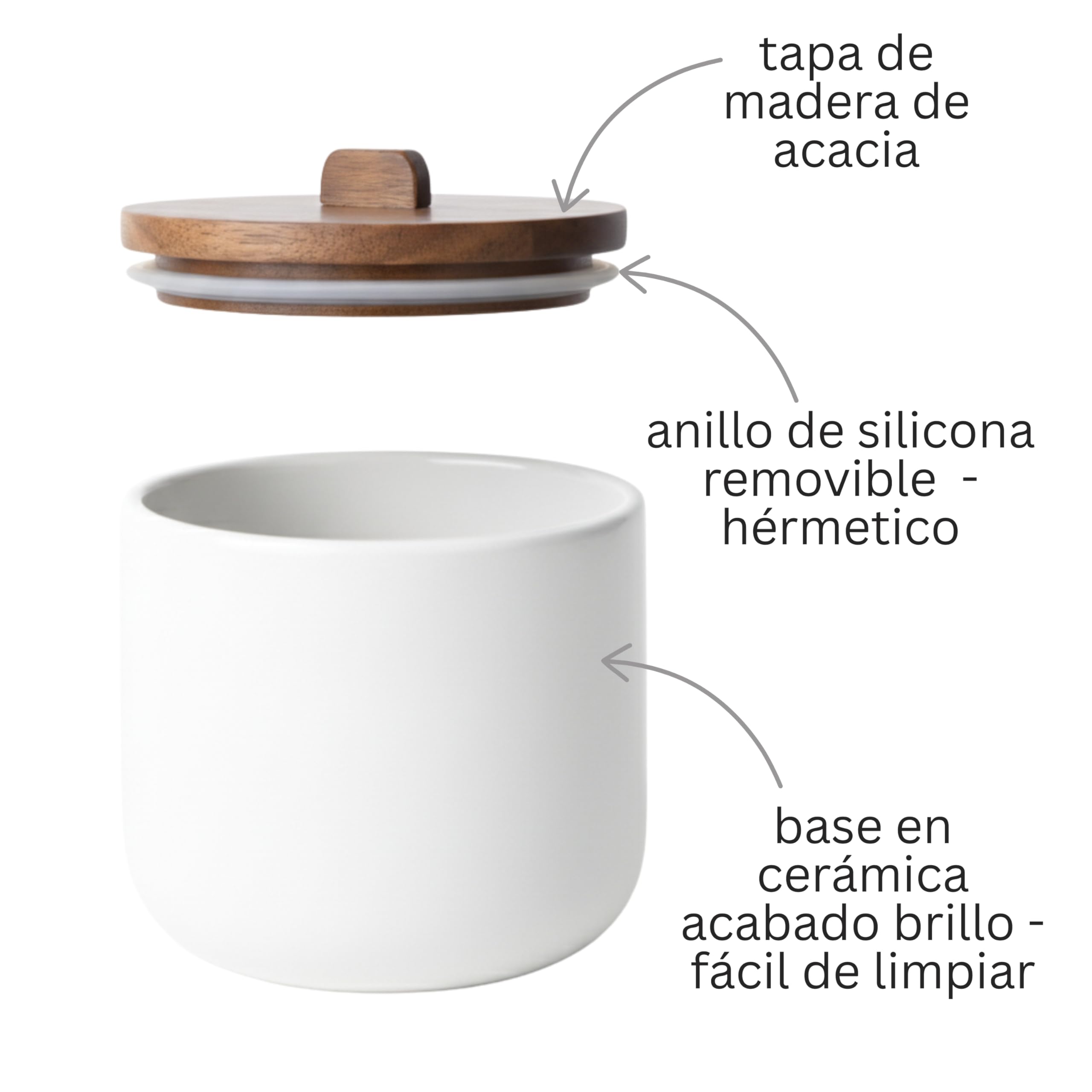 Salero de Cocina de Cerámica CURVE - Bote Hermético con Tapa de Madera de Acacia. Tarro Multiusos para Sal, Azúcar o Especias. Diseño Nórdico Moderno. 11.5 x 12 cm. - Blanco - 2