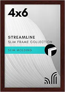Americanflat 4x6 Picture Frame with Shatter-Resistant Glass - Streamline Collection - Thin Border Photo Frame for Tabletop and Wall Display - Hanging Hardware and Easel Stand Included - Mahogany