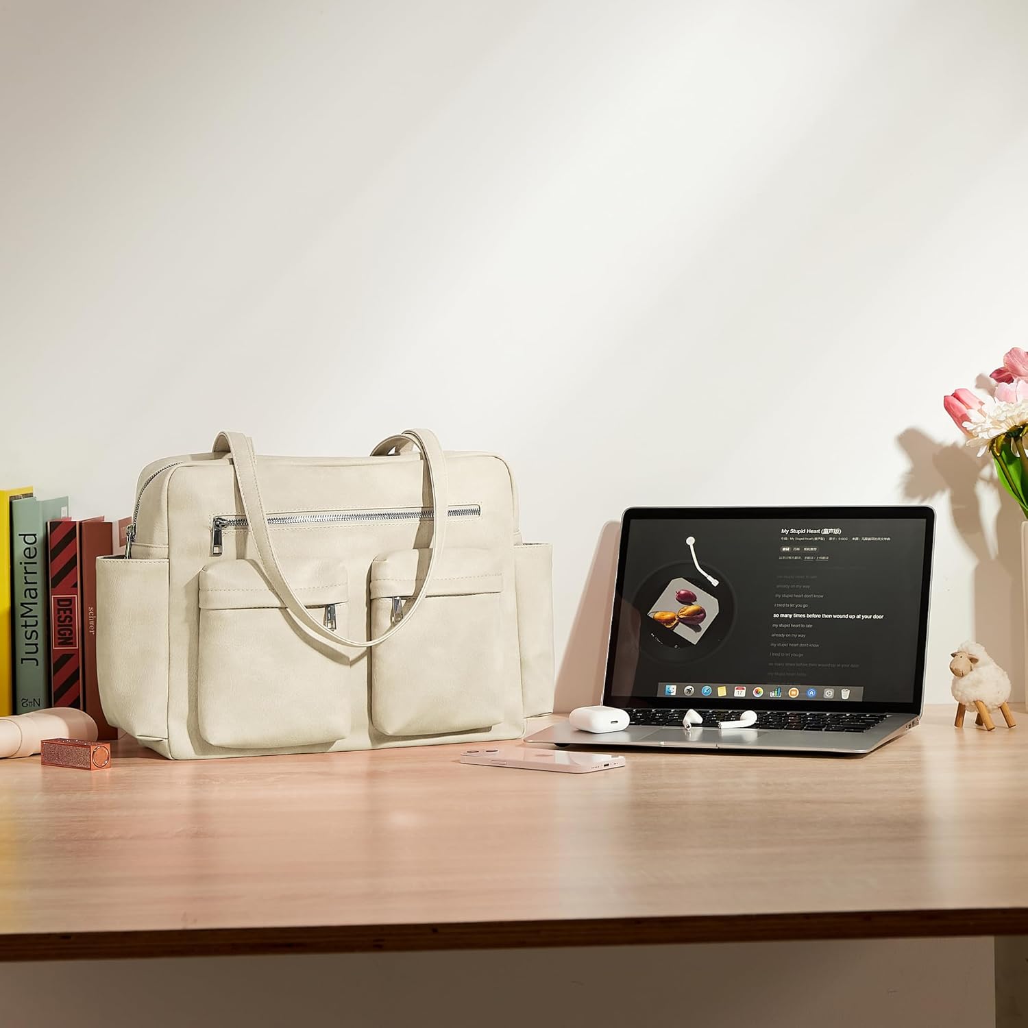 KALIDI Tote Bag Vegan Leather Women Pocket Utility Bag Faux Leather Shoulder Travel Purse Vintage Handbag for Work - Image 3