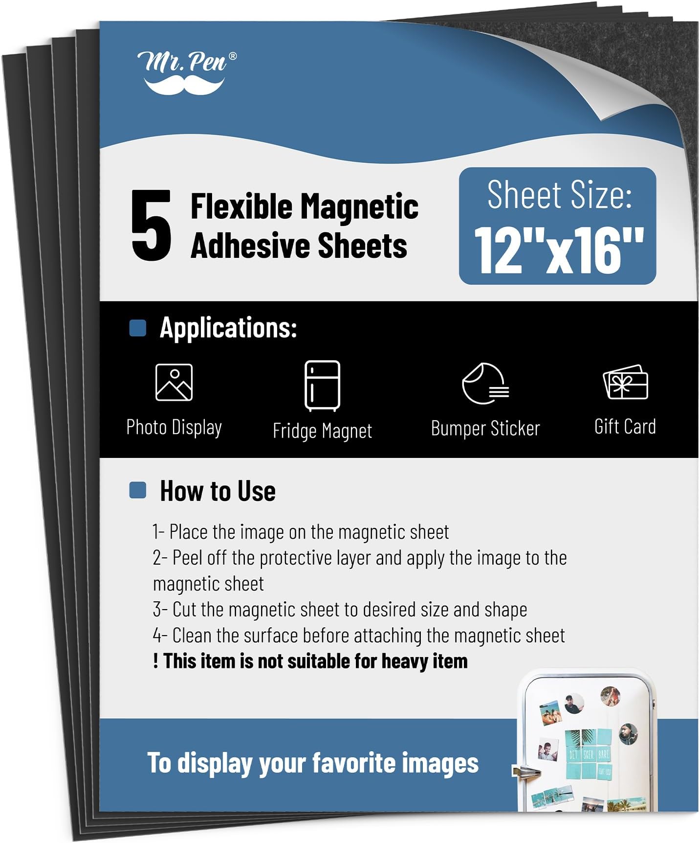 Mr. Pen- Adhesive Magnetic Sheets, 12" x 16", 5 Pack, Magnetic Sheet, Magnetic Paper, Magnet Paper Sheets, Magnetic Sheets with Adhesive Backing, Flexible Magnetic Sheet, Photo Magnets, Magnet Sheet