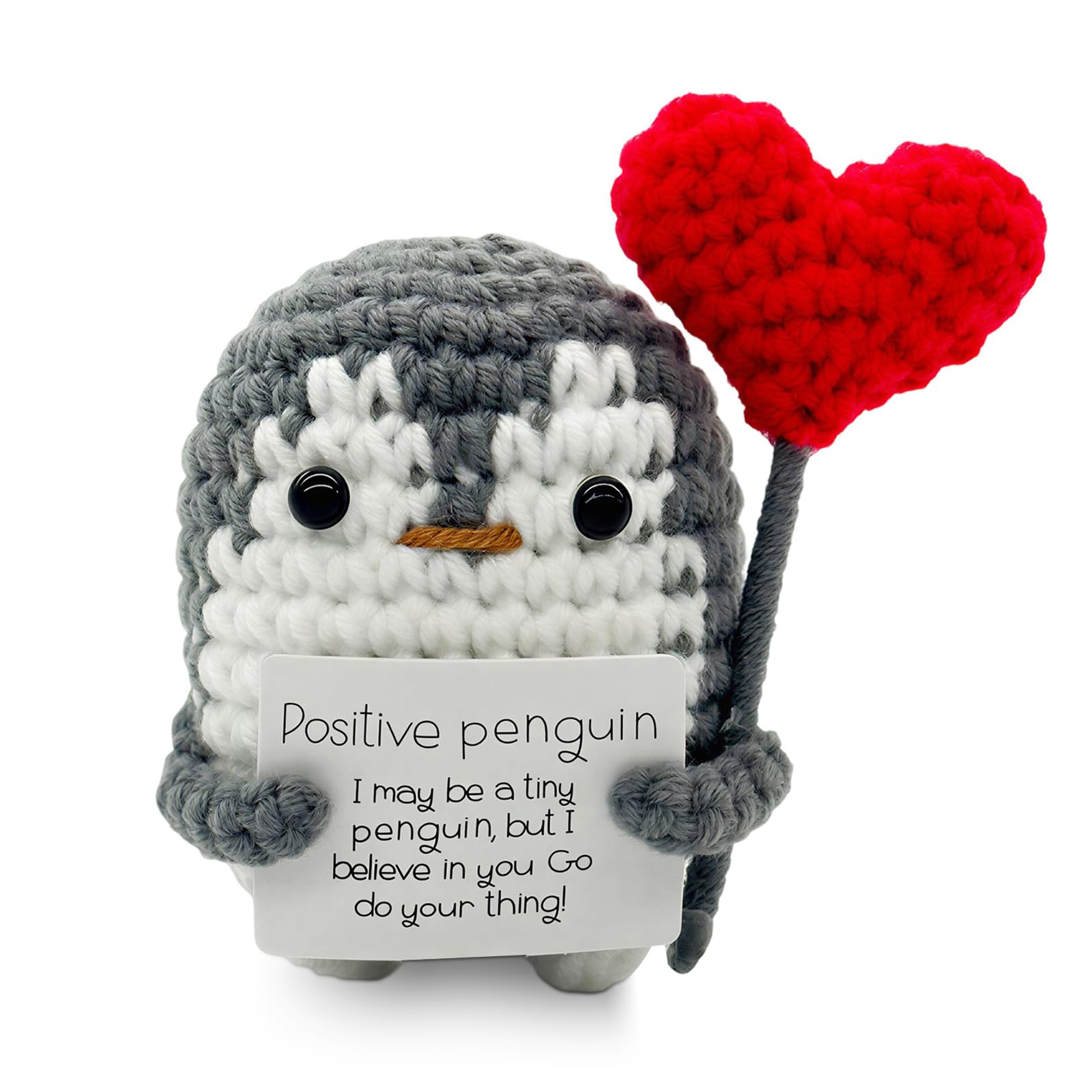 Qubitly Cute Grey Positive Penguin, Handmade Positive Crochet Animals With Card & Red Heart, Funny Crochet Penguin